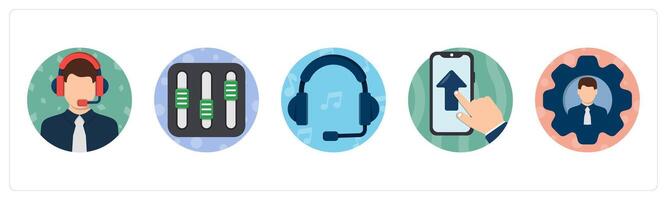 A set of 5 mix icons as customer support, music equalizers, headset vector