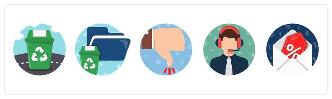 A set of 5 mix icons as recycle bin, delete folder, dislike vector