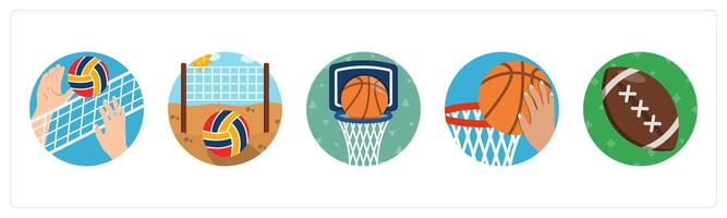 A set of 5 mix icons as net play, volley ball, basket ball vector