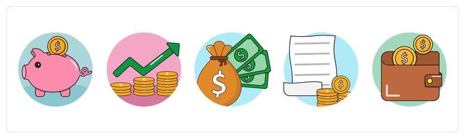 A set of 5 business icons as piggy bank, financial growth, investment vector
