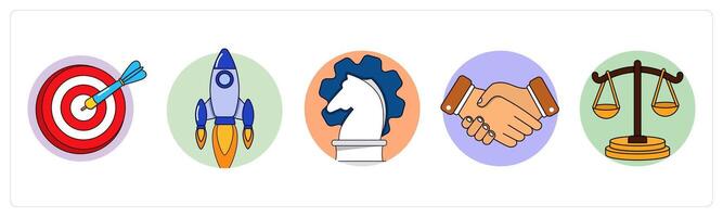 A set of 5 business icons as target, launch, strategy vector