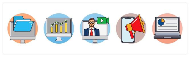 A set of 5 business icons as online folder, online analytics, tutorial vector