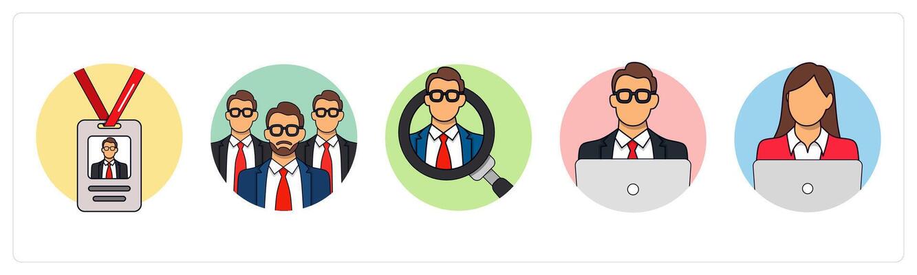 A set of 5 business icons as id card, team, search employee