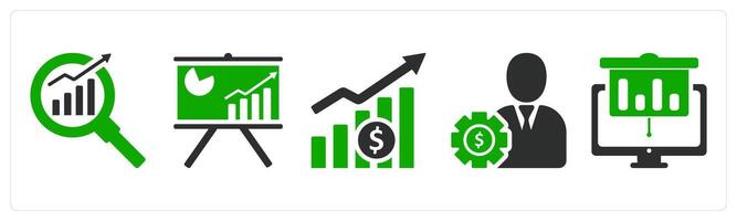 A set of 5 business icons as search analytics, board presentation, financial growth vector