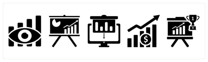 A set of 5 business icons as performance vision, board presentation, online presentation in black color vector