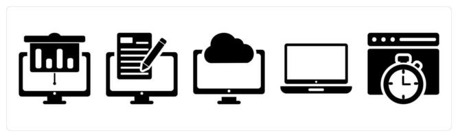 A set of 5 business icons as online presentation, online editing, cloud computing in black color vector