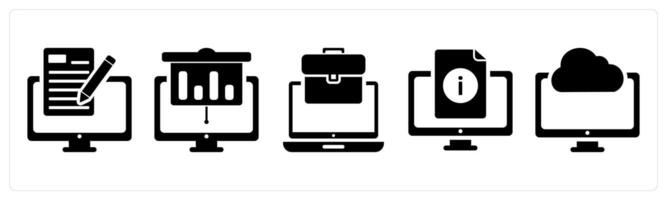A set of 5 business icons as online editing, online presentation, online business in black color vector