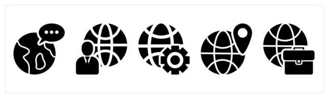 A set of 5 business icons as global message, global business, global setting in black color vector