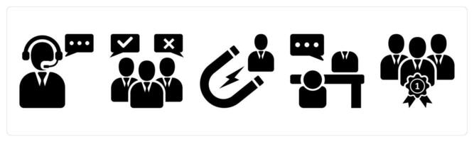 A set of 5 business icons as customer support, customer opinion, attract customer in black color vector