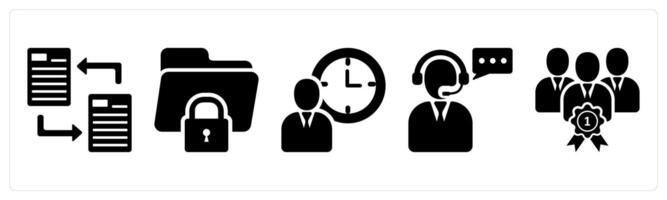 A set of 5 business icons as file transfer, secure folder, time management in black color vector