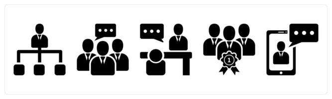 A set of 5 business icons as hierarchy, business communication, meeting in black color vector