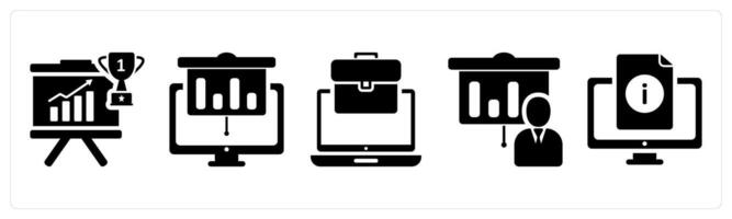 A set of 5 business icons as achievement, online presentation, online business in black color vector