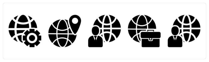 A set of 5 business icons as global setting, global location, global business in black color vector