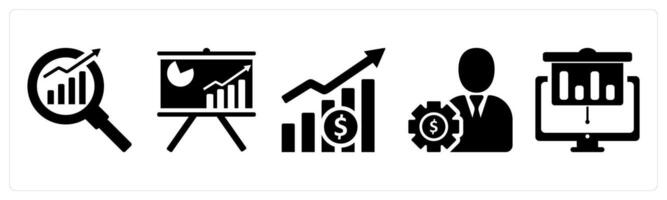 A set of 5 business icons as search analytics, board presentation, financial growth in black color vector