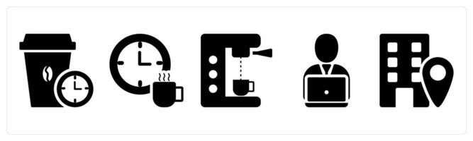 A set of 5 business icons as break time, tea break, browing machine in black color vector