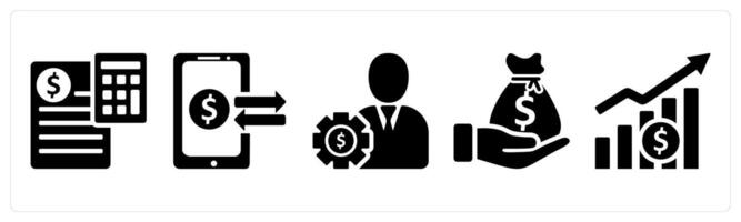 A set of 5 business icons as budget, mobile transation, financial management in black color vector