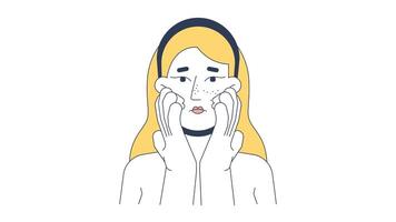 Skincare routine for removing blackheads 2D animation. Caucasian woman applying cleansing lotion to unclog pores animated character cartoon flat concept explainer 4K isolated on white video