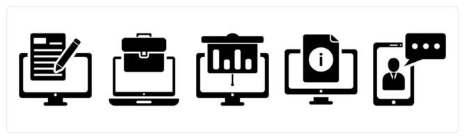 A set of 5 business icons as online editing, online business, online presentation in black color vector