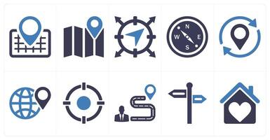 A set of 10 location icons as address, map, navigation in blue filled color vector
