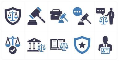 A set of 10 justice icons as justice, judge hammer, case in blue filled color vector