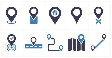 A set of 10 location icons as location, place, home location in blue filled color vector