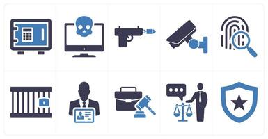 A set of 10 justice icons as locker, cyber crime, weapon in blue filled color vector
