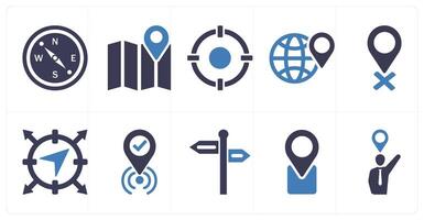 A set of 10 location icons as compass, map, target in blue filled color vector