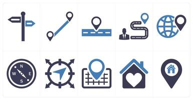 A set of 10 location icons as direction, distance, route in blue filled color vector