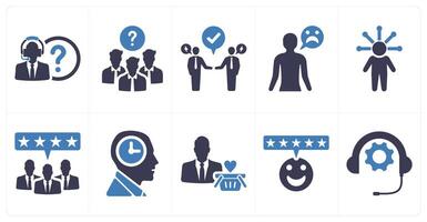 A set of 10 customer service icons as customer service, customer questions, conflict resolutions in blue filled color vector