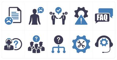 A set of 10 customer service icons as complaint, unsatisfied, conflict resolution in blue filled color vector