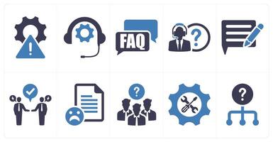 A set of 10 customer service icons as troubleshooting, assistance, faq in blue filled color vector