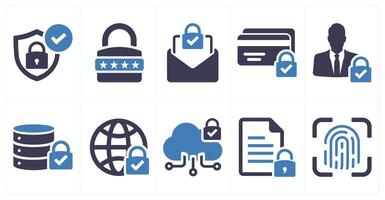 A set of 10 cyber security icons as security, password, email protection, secure payment in blue filled color vector