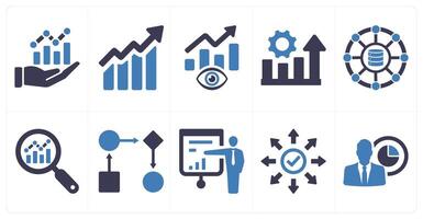 A set of 10 data analytics icons as data analytics, data chart, predictive analytics in blue filled color vector