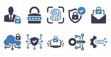 A set of 10 cyber security icons as user access, password, fingerprint in blue filled color vector