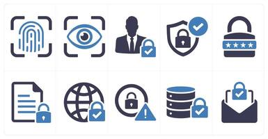A set of 10 cyber security icons as fingerprint, eye scan, user access in blue filled color vector