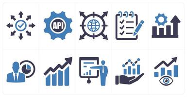 A set of 10 data analytics icons as research, api interface, network in blue filled color vector