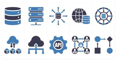 A set of 10 data analytics icons as database, server, big data in blue filled color vector