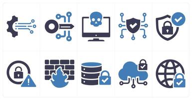A set of 10 cyber security icons as technology, encryption, cyber crime in blue filled color vector