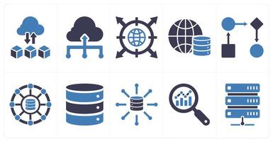 A set of 10 data analytics icons as cloud computing, cloud hosting, network in blue filled color vector