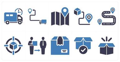 A set of 10 delivery icons as delivery on time, delivery location, maps in blue filled color vector