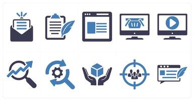 A set of 10 digital marketing icons as newsletter, content, website in blue filled color vector