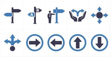 A set of 10 direction icons as direction, choice, indicate direction in blue filled color vector