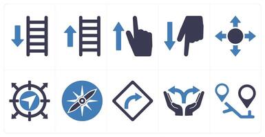 A set of 10 direction icons as ascend, descend, point up in blue filled color vector