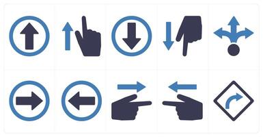 A set of 10 direction icons as up, point up, down in blue filled color vector