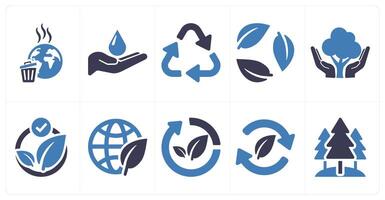 A set of 10 ecology icons as pollution, save water, recycle in blue filled color vector