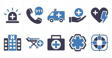 A set of 10 emergency icons as emergency, 911, ambulance in blue filled color vector