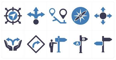 A set of 10 direction icons as navigation, way, itinerary in blue filled color vector