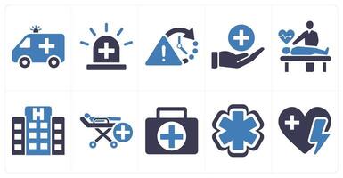 A set of 10 emergency icons as ambulance, emergency, urgent in blue filled color vector