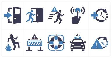A set of 10 emergency icons as exit, evacuation, escape in blue filled color vector