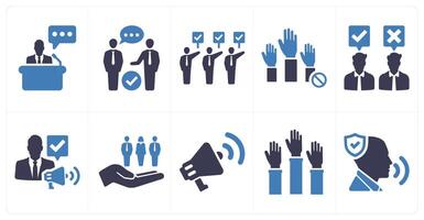 A set of 10 freedom of speech icons as speech, debate, protest in blue filled color vector